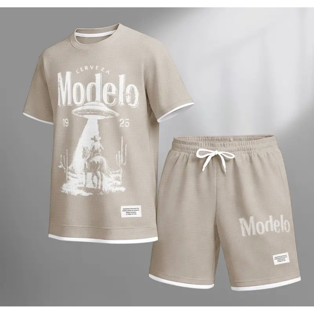 Modelo Cerveza Mens Waffle Knit Lounge Set Tan UFO Cowboy Graphic Tee and Shorts